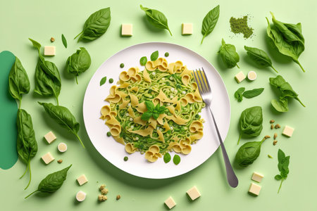 Pasta with pesto sauce, green peas, zucchini, and basil. Italian cuisine. looking up. Lay flatの素材