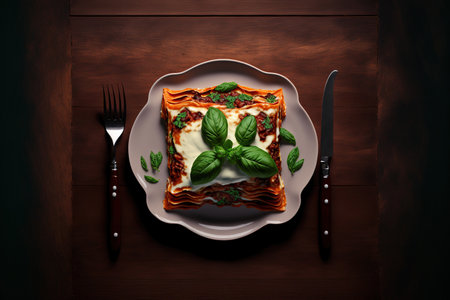 on a wooden table, a plate of lasagna with green basilの素材
