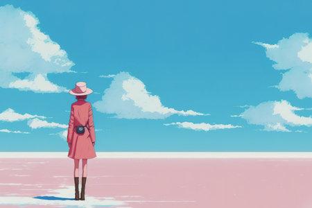 panorama of a woman in pink standing at the edge of the pink lake salt flats with her hat held high against a backdrop of blue skiesの素材
