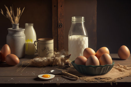 on the table are chicken eggs. Farm goods and organic eggsの素材