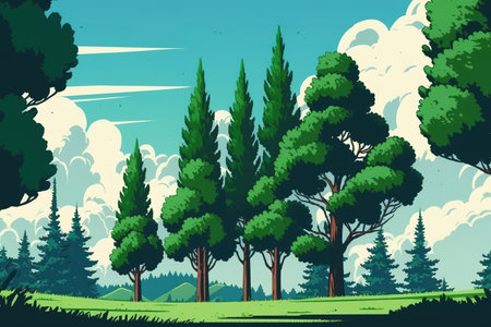 panorama of green trees in the skyの素材