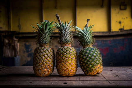 photograph of three pineapples in a marketの素材