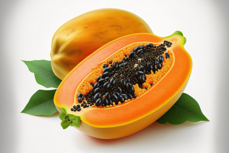 papaya with seeds in slices, isolated on a white backdropの素材