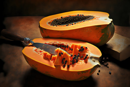 papaya fruit being chopped in the backgroundの素材