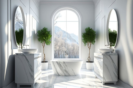 opulent, contemporary, white bathroom. a landscape in the bathroomの素材