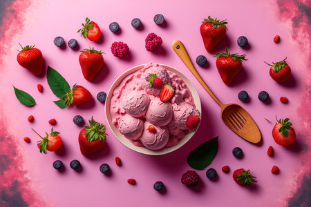Pink backdrop with strawberry ice cream in a bowl and fresh berries. a top viewの素材