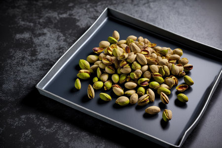 Pistachios on a dark table in a rectangular gray plate. A ready supply of nuts. energy foodの素材