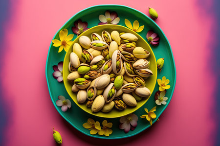 Pistachios in a dish in a flat lay against a colourful backgroundの素材