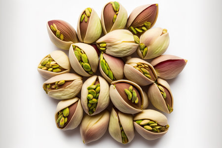 Pistachios piled high and isolated on a white background. Overheadの素材