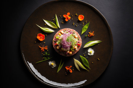 Raw beef, onion, salad, carrots, and flowers are seen in a top view of the Tartare beef flower circle salad in the fine dining Japanese restaurant on a green round plate against a black table with sceの素材