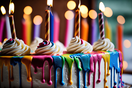 Rainbow colored candles and drip icing decorate the birthday cakeの素材