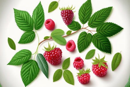 Raspberry style. Isolated raspberry and leaves on a white background. raspberry assortment. raspberries being clippedの素材