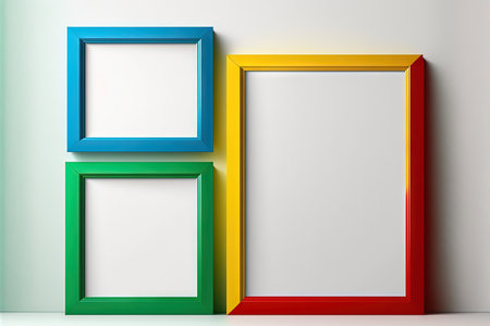 Realistic Red, green, blue, and yellow rectangles Blank picture frame in A3 and A4 sizes, facing a white wall. empty frame with shiny glass as an example. Template for Mock Up Designsの素材