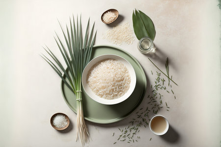 Rice water composition in a flat lay position on a pale gray table. Room for textの素材