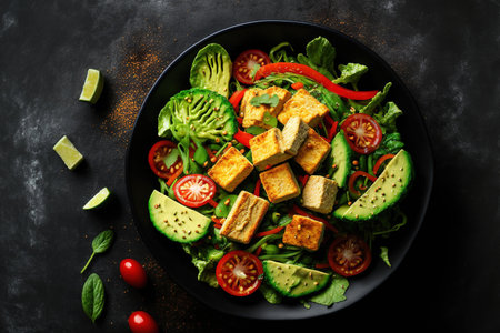 Salad of fried tofu with avocado, tomatoes, cucumbers, and sesame seeds. Asian vegetable and tofu salad that was made from scratch is displayed on a black stone background. Asian vegetarian vegan healの素材