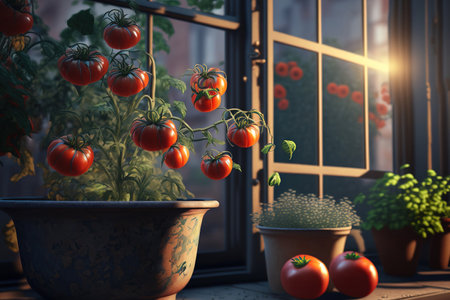 Ripe tomatoes were cultivated using the organic farming method known as urban gardening on plants within flower pots on the terraceの素材