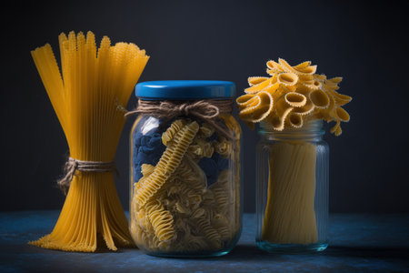 raw pasta On a dark blue background, a glass jar with a variety of spaghetti and farfalle noodles can be seenの素材