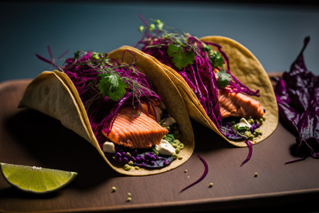 Salmon tacos with red cabbage that has been pickled, wasabi mayo, and pea shootsの素材