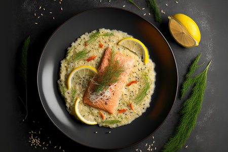 Salmon, lemon zest, parmesan, and dill in a risotto. The procedure of cooking step by step. Italian cuisine that is served on a grey porcelain platter. nice lunch made at home. Detailed shot on a grayの素材