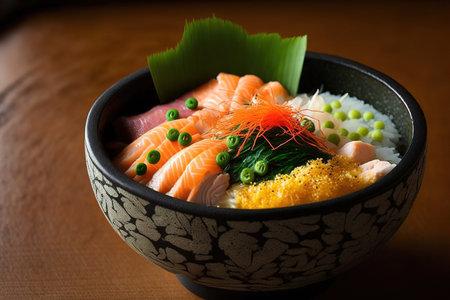 Sashimi Don is a dish that consists of heated rice topped with raw slices of tuna, salmon, and mackerel as well as shrimp, sea urchin roe, seaweed, and ginger. a little wasabi paste Simple and nutritiの素材