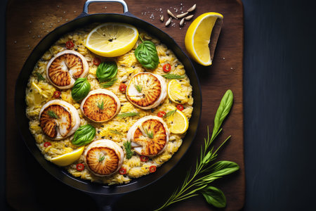 Scallops in a pan of seafood risotto. a background of dark wood. a top viewの素材