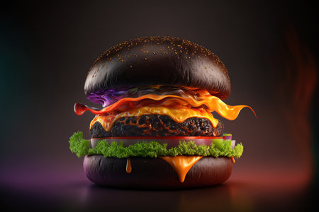 Sandwich. swift meal. Vegetable and beef burger. a black hamburgerの素材