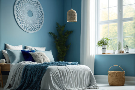 Simple bedroom with a window, a double bed, and blue wall decorの素材