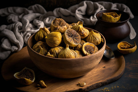 Set against an aged wooden background are dried figs in a bowlの素材