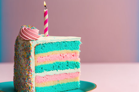 Slice of birthday cake with layers of turquoise frosting and one pink candleの素材