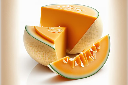 Slices of cantaloupe melon on a white backgroundの素材