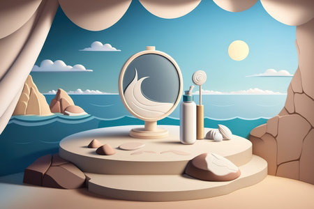 Simple cool toned backdrop for cosmetic and product presentations. In front of Sunshade Shadow is a white stone platform with a chilly winter atmosphere on the sea. believable, illustrativeの素材