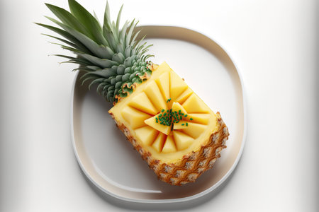 Slice of pineapple in dish, white backdropの素材
