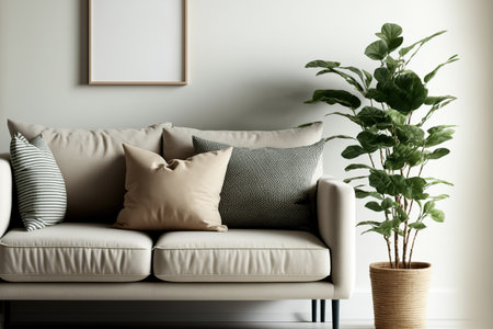 Simple home decor with a cozy beige sofa and text spaceの素材
