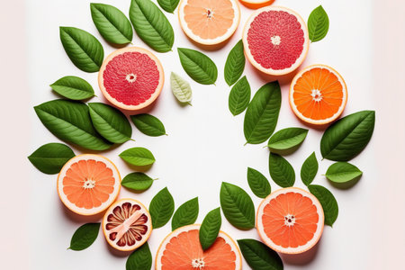 Slices of grapefruit and leaves isolated on a white backdrop. looking up. Flat lay styleの素材