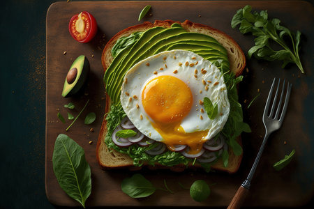 Sliced avocado and a fried egg on toasted bread with arugula make a nutritious breakfast or snackの素材