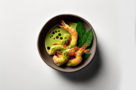 Shrimp tempura in a minimalist ceramic bowl with wasabi sauce. Fried prawns with a vivid color and a harsh shadow cast by leaves on a white background. Asian food prepared in a modern manner. modern cの素材