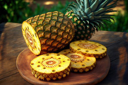 Slices of pineapple on a wooden table in a gardenの素材