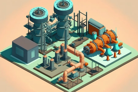 sewage treatment facility. a fresh pumping facility. pipes and valves. Powerful, contemporary automatic systems for protection and control are used in urban modern treatment facilities, pipelines, andの素材