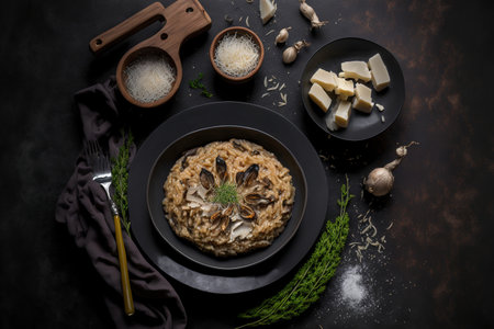 Serving size of risotto with porcini mushrooms against a dark stone backgroundの素材