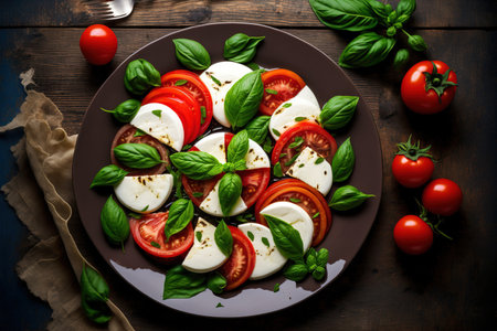 Sliced tomatoes, mozzarella cheese, and basil in a traditional Caprese salad in Italy, close up. Mediterranean Italian dish is caprese saladの素材