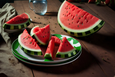 Slices of fresh watermelon on a tableの素材