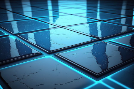 shiny glossy floor tiles with blue led strip lights reflecting off of them. For a product, technological background, orの素材
