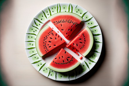 Slices of watermelon in the summertime on a dishの素材