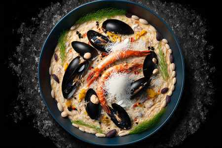 seafood risotto with mussels, shrimp, and rice. looking up. There is no text hereの素材