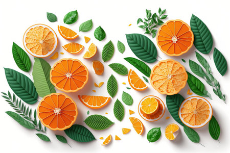 Slices, entire orange fruits, and orange foliage in top view isolated on white backgroundの素材