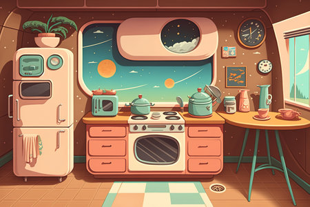 space of wooden top and retro kitchenの素材