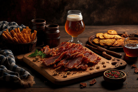 smoked beer snacks on a wooden board on the table, including ribs, pork ears, and jamonの素材