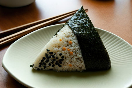 Steamed rice wrapped in seaweed in the shape of a triangle is known as onigiri in Japanの素材