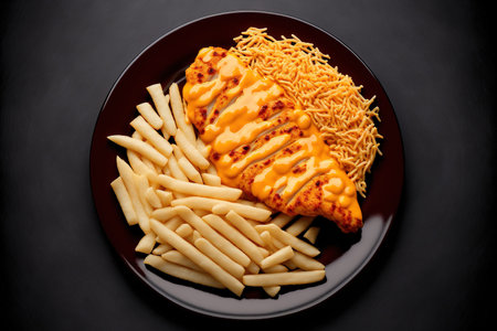 Spicy fast food chicken fillet close up, chili, and French fries with cheddar cheese on a plate. horizontal looking downの素材