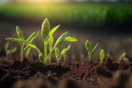 Springtime corn field with fresh, green sprouts in soft focus. In a farmed farm area, young, green corn seedling sprouts are growing. Agricultural landscape with soil based corn sproutsの素材
